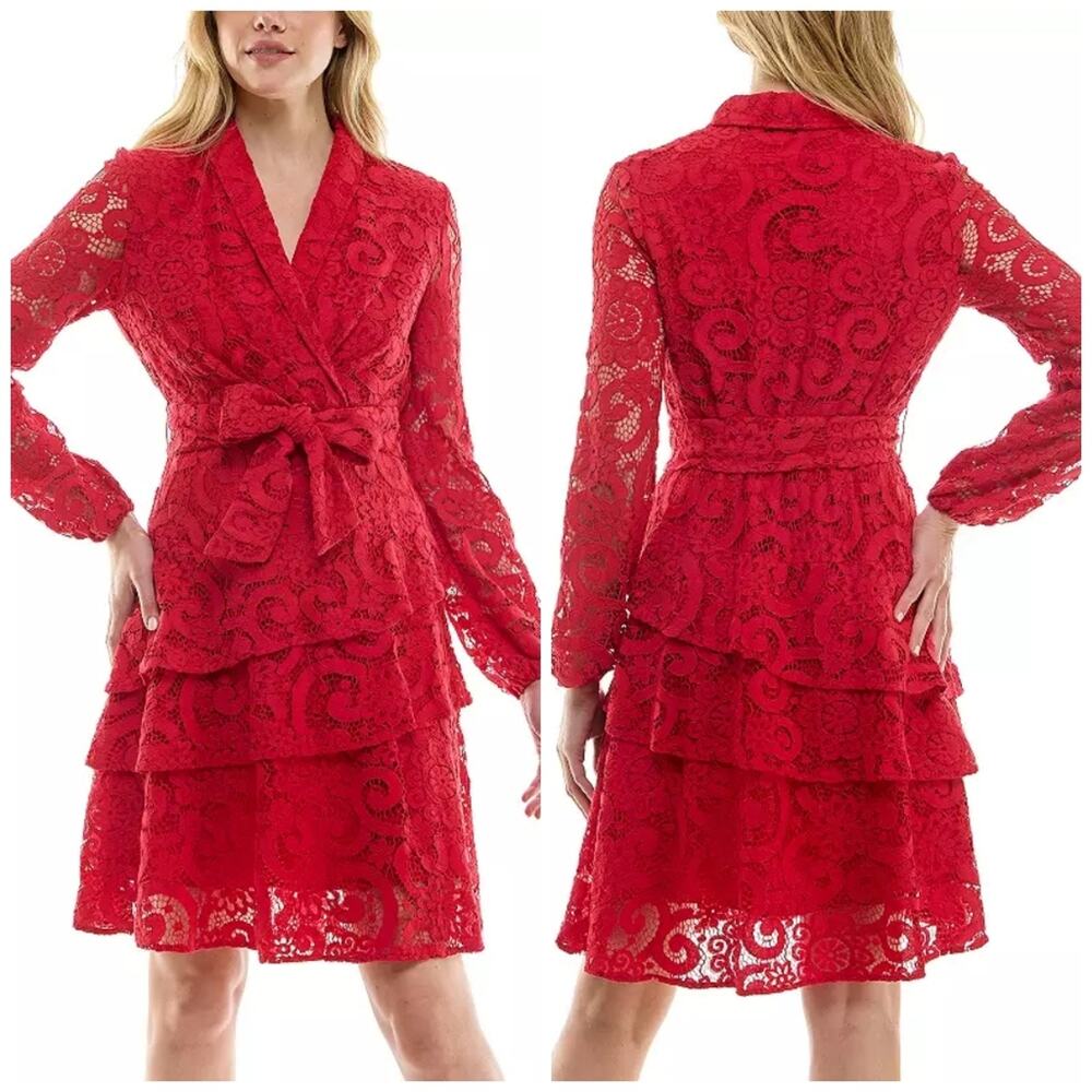 Nanette Lepore Red Lace Tie Waist Romantic Cocktail Wrap Dress Size 8